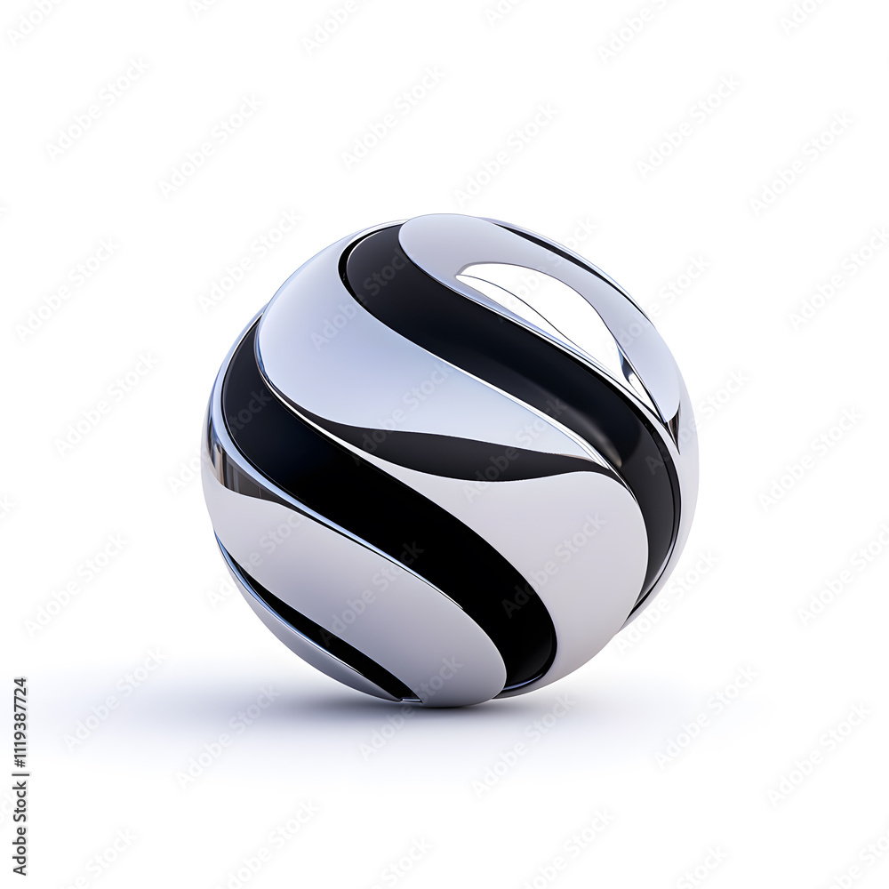 Naklejka premium 3d Abstract chrome metal glossy form sphere shape with organic dynamic lines and angles isolated on white background