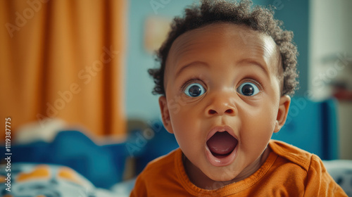 Surprised baby with big eyes expressing joy in cozy bedroom setting. vibrant colors and playful atmosphere create delightful scene of childhood wonder photo