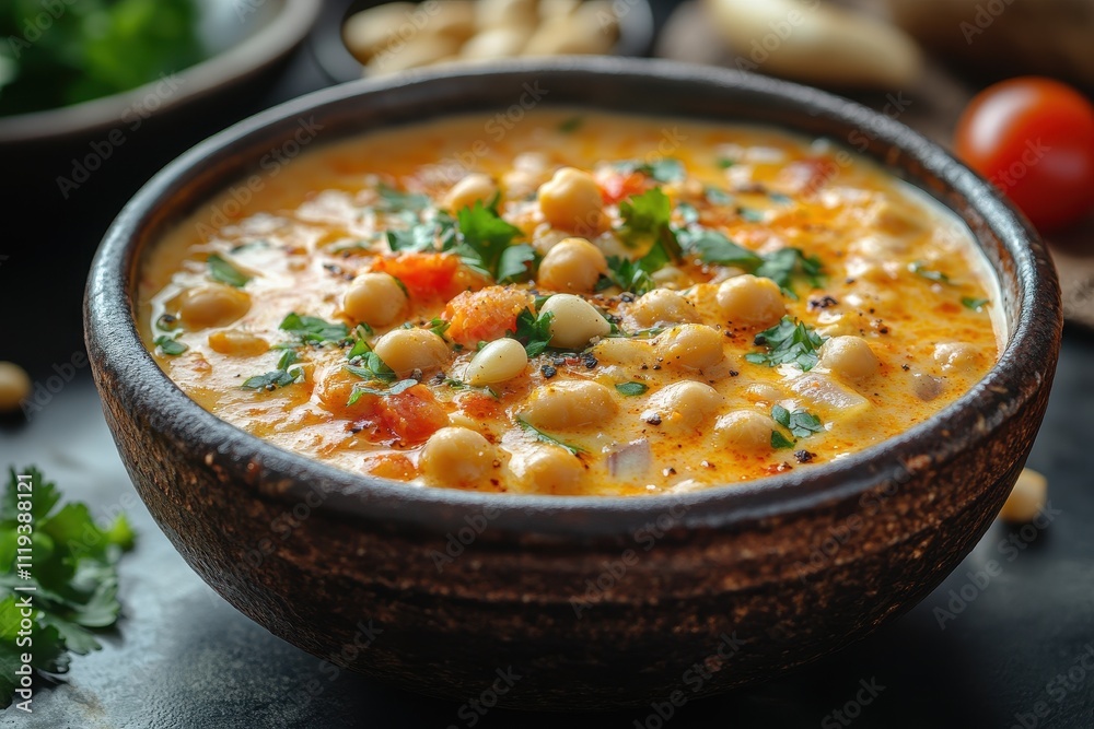 Chickpea Creole with Tomato and Cream on Black Background Chickpea Creole with Tomato and Cream on Black Background
