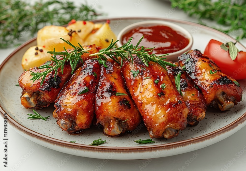 Spicy Chicken Wings with Sauce on White Plate Spicy Chicken Wings with Sauce on White Plate