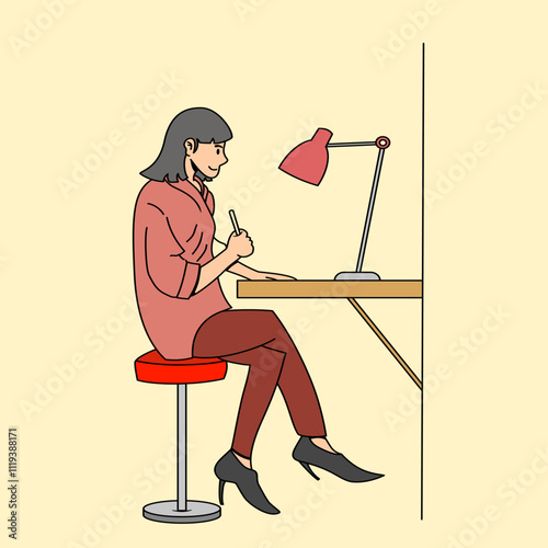 a woman is sitting thinking to write something with a table lamp for lighting, simple cartoon illustration concept