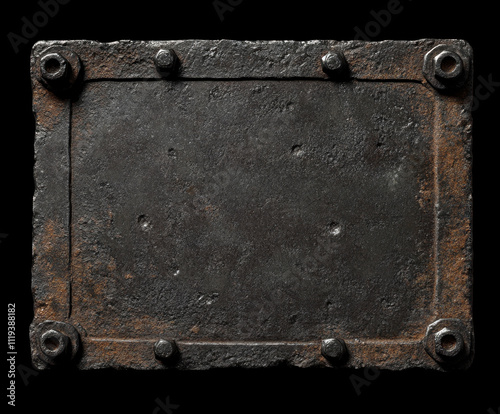 Dark metal military plate with slight grunge texture, featuring bolts and rugged surface. Ideal for industrial or military themed designs photo