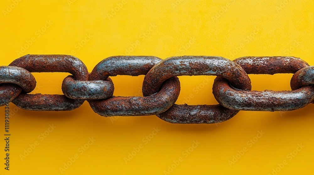 Fototapeta premium Close-up of a weathered metal chain against a vibrant yellow background. A study in rust and resilience, showcasing the enduring strength of industrial components.