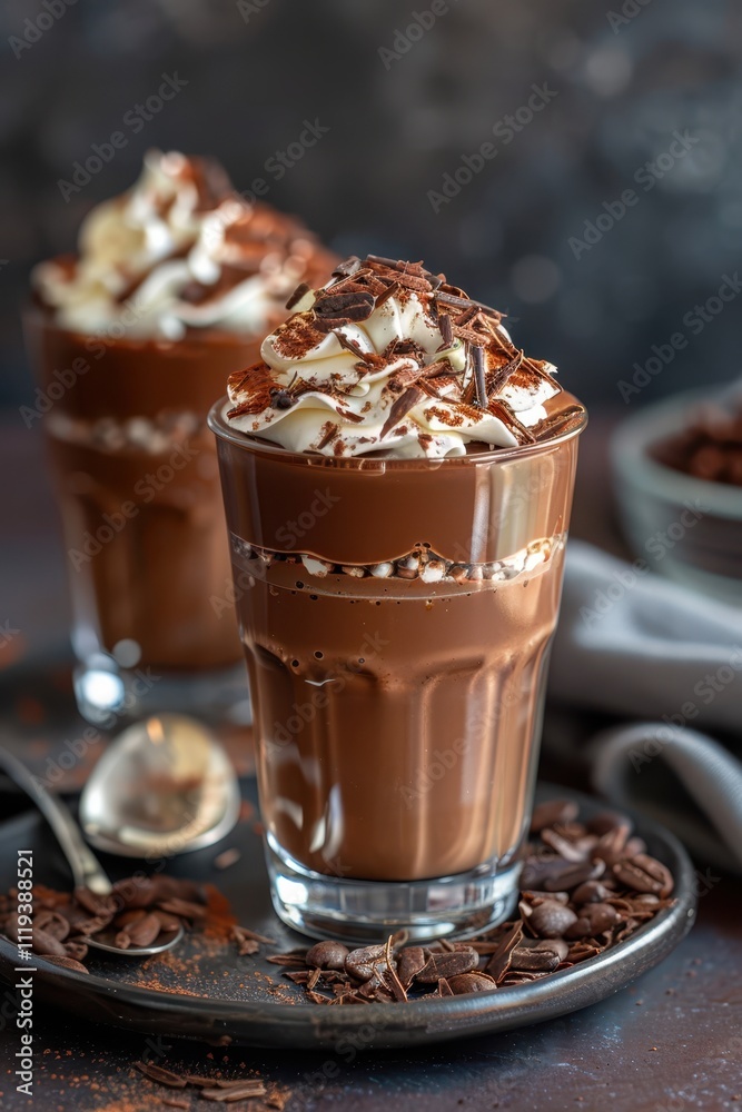 Indulge in this decadent chocolate drink, layered with whipped cream and chocolate shavings. Perfect for a cozy night in or a special treat! Indulge in this decadent chocolate drink, layered with whipped cream and chocolate shavings. Perfect for a cozy night in or a special treat!