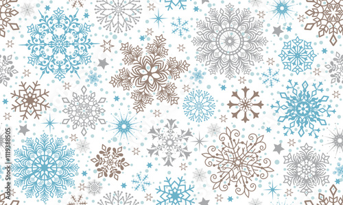 Vector seamless Christmas and New-Year hand drown pattern with lace doodle snowflakes and stars on a transparent background