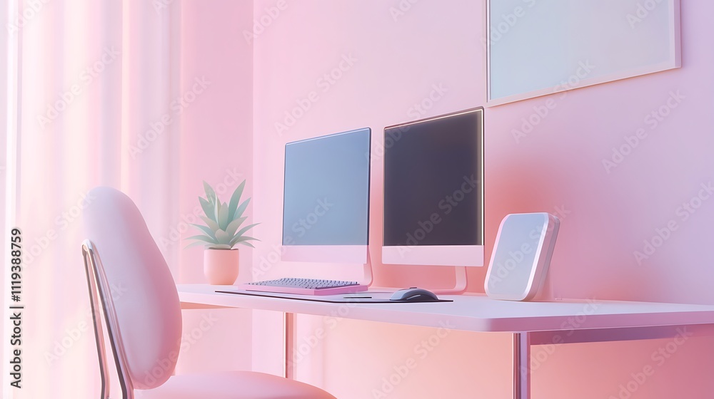 Minimalist Pink Workspace With Dual Monitors And Plant