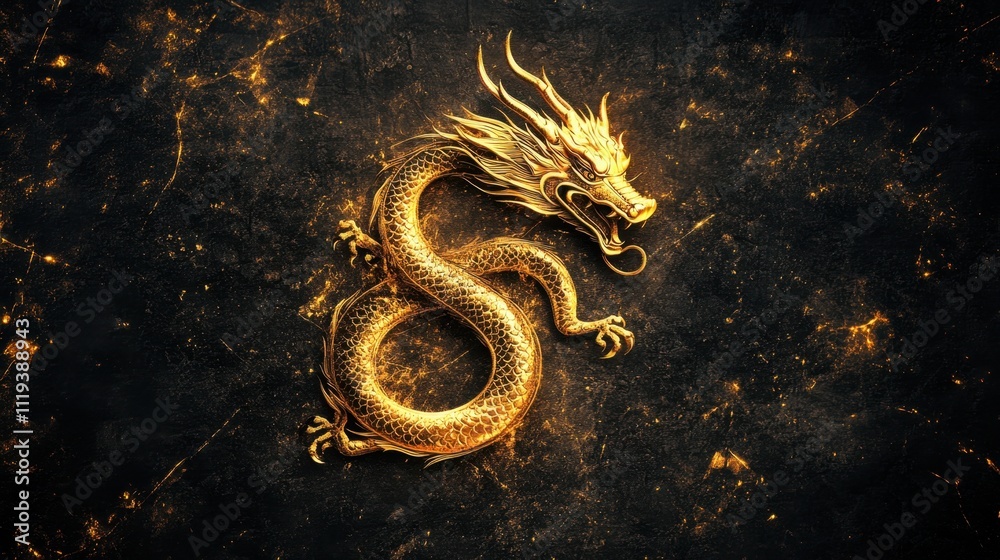 Coiled golden dragon on a textured background radiating prosperity and auspicious energy. Coiled golden dragon on a textured background radiating prosperity and auspicious energy.