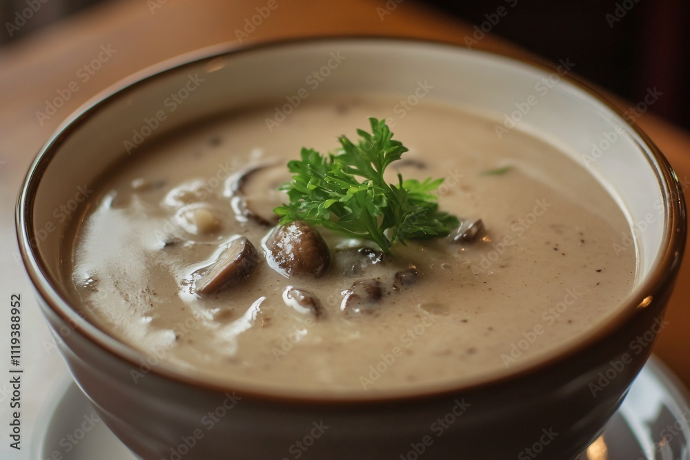 Creamy Mushroom Soup with Fresh Herbs in a Bowl on Wooden Table Creamy Mushroom Soup with Fresh Herbs in a Bowl on Wooden Table