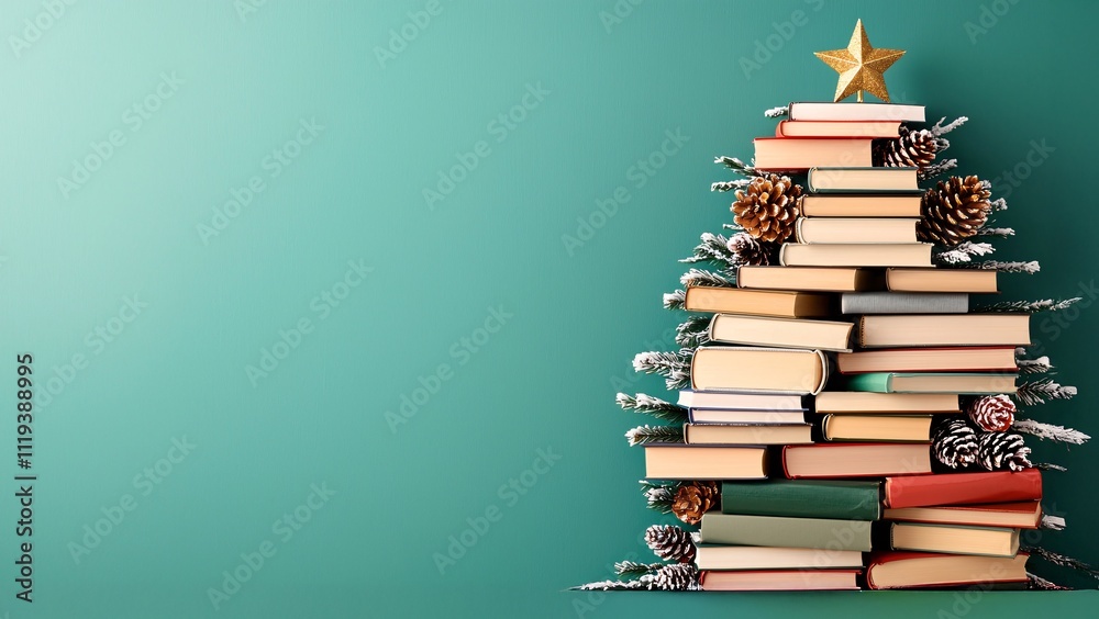 Christmas tree idea creativity concept. Creative holiday tree made of stacked books with festive decorations against a teal background. Christmas tree idea creativity concept. Creative holiday tree made of stacked books with festive decorations against a teal background.