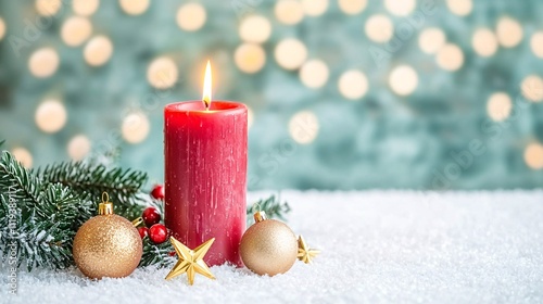 Christmas concept. A festive red candle surrounded by ornaments and greenery on a snowy surface with blurred lights in the background.