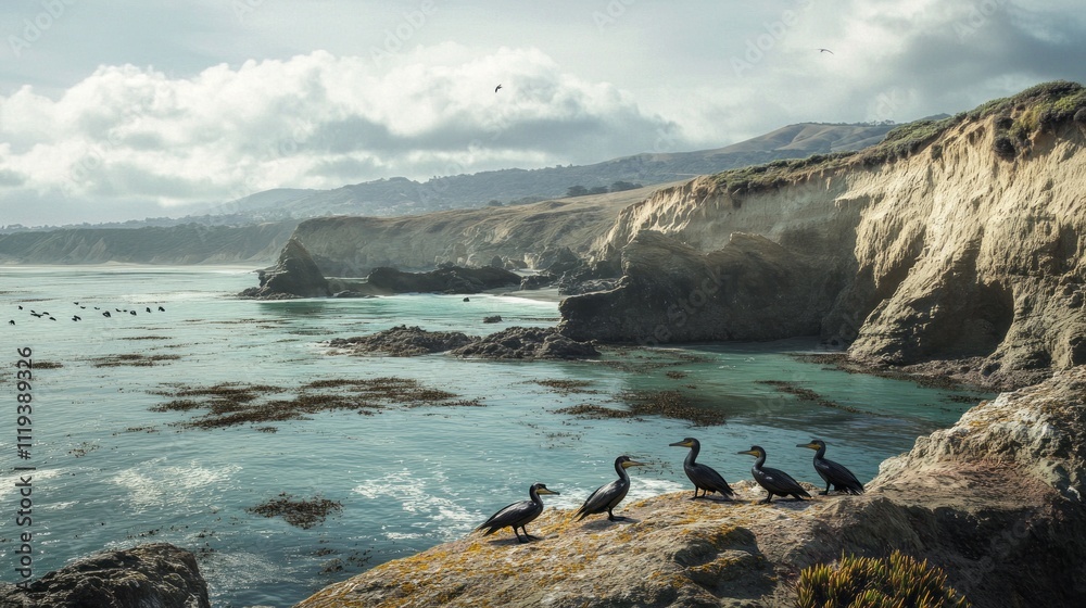Cormorants gather on rocky outcrops, overlooking sparkling waters bathed in soft light. The rugged cliffs stretch into the distance, framed by lush greenery and a cloudy sky Cormorants gather on rocky outcrops, overlooking sparkling waters bathed in soft light. The rugged cliffs stretch into the distance, framed by lush greenery and a cloudy sky