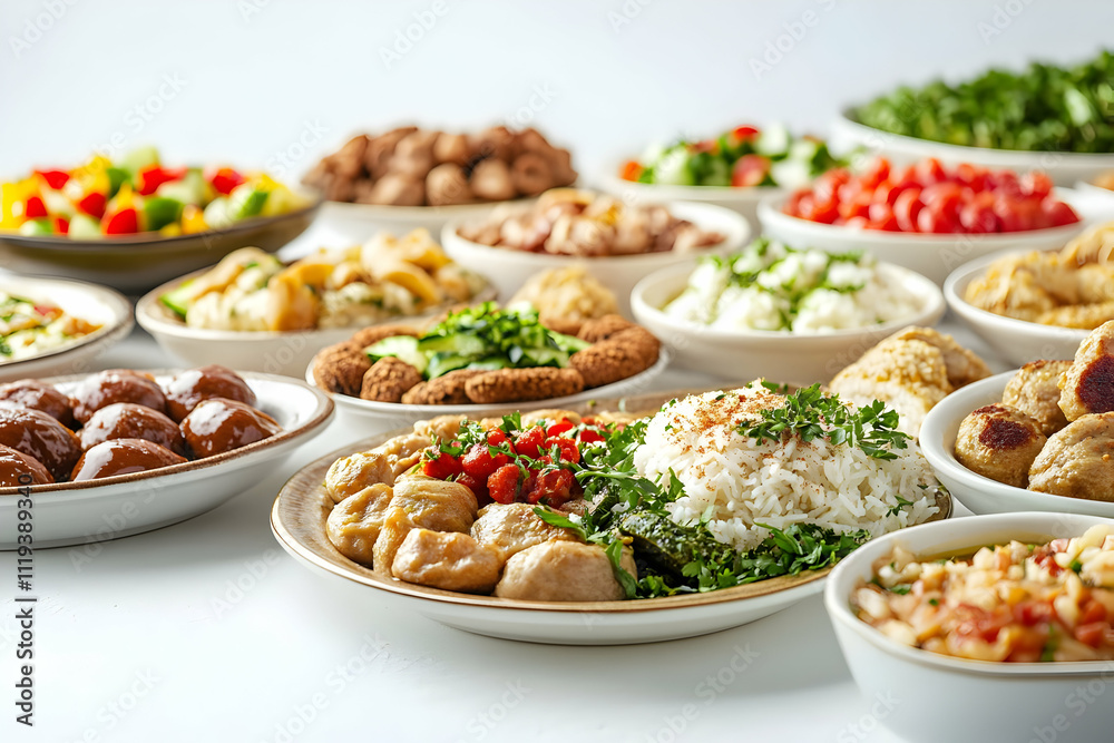 A vibrant spread of various dishes arranged in bowls, showcasing diverse cuisine. A vibrant spread of various dishes arranged in bowls, showcasing diverse cuisine.