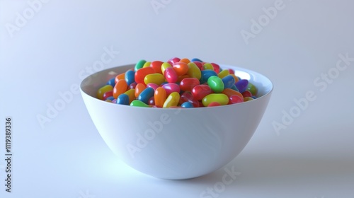 A bowl of colorful jelly beans in assorted bright hues, isolated against a plain white background, every candy piece sharply detailed.