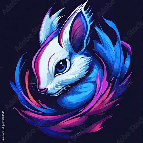 Vibrant Digital Art of a Mystical White Rabbit Enveloped in Blue and Pink Swirls photo