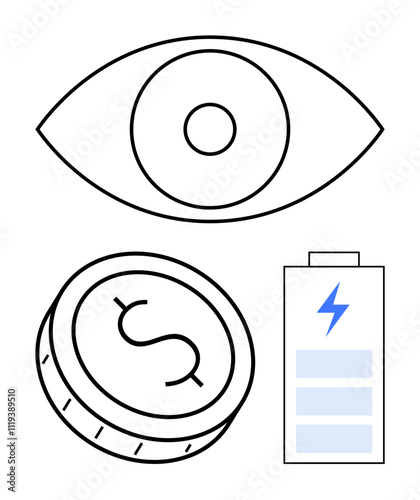 Eye symbol, dollar coin, and battery with blue lightning bolt. Ideal for financial awareness, energy conservation, technology branding, battery life, power efficiency, surveillance and investment