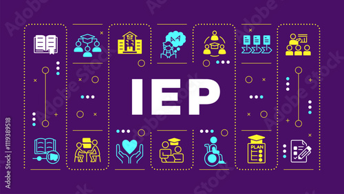 IEP purple word concept. Individualized education program in school. Inclusive learning. Visual communication. Vector art with lettering text, editable glyph icons. Hubot Sans font used