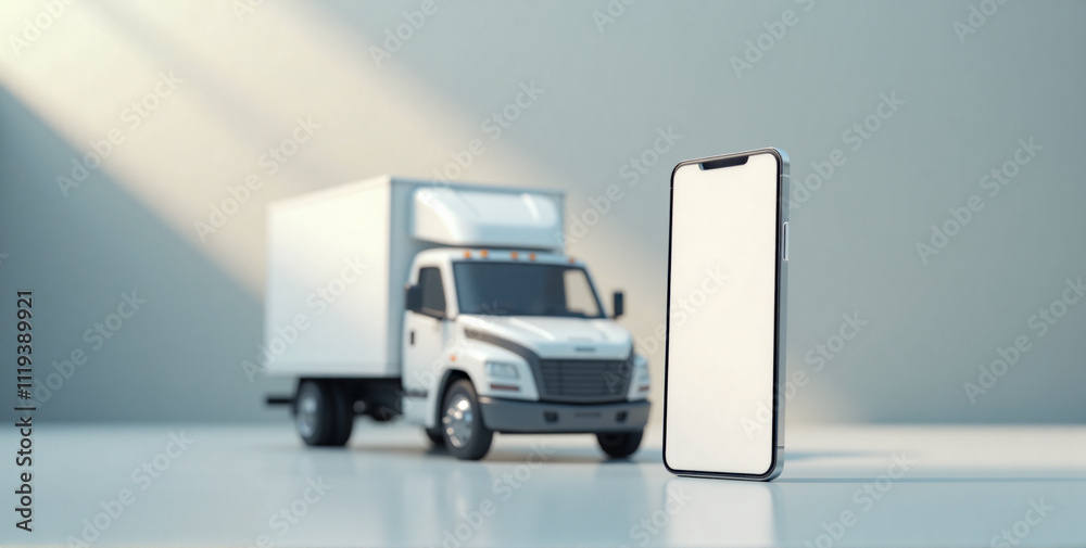 a blank mobile app screen set in a minimalist environment, with a delivery truck prominently placed in the foreground