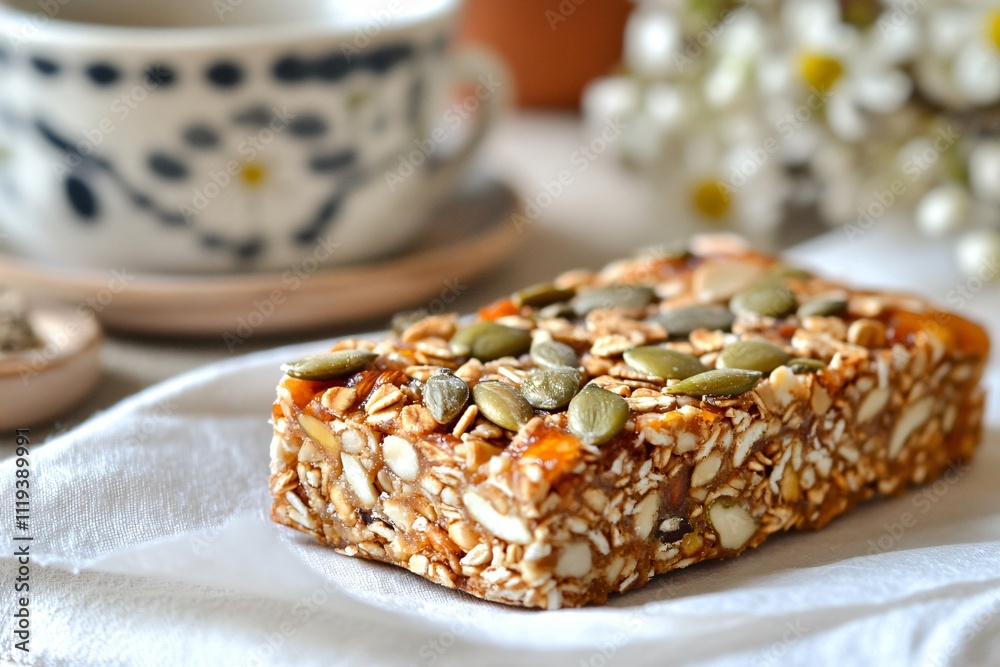 Nutritious Snack Bar with Seeds and Nuts on Table Setting Nutritious Snack Bar with Seeds and Nuts on Table Setting
