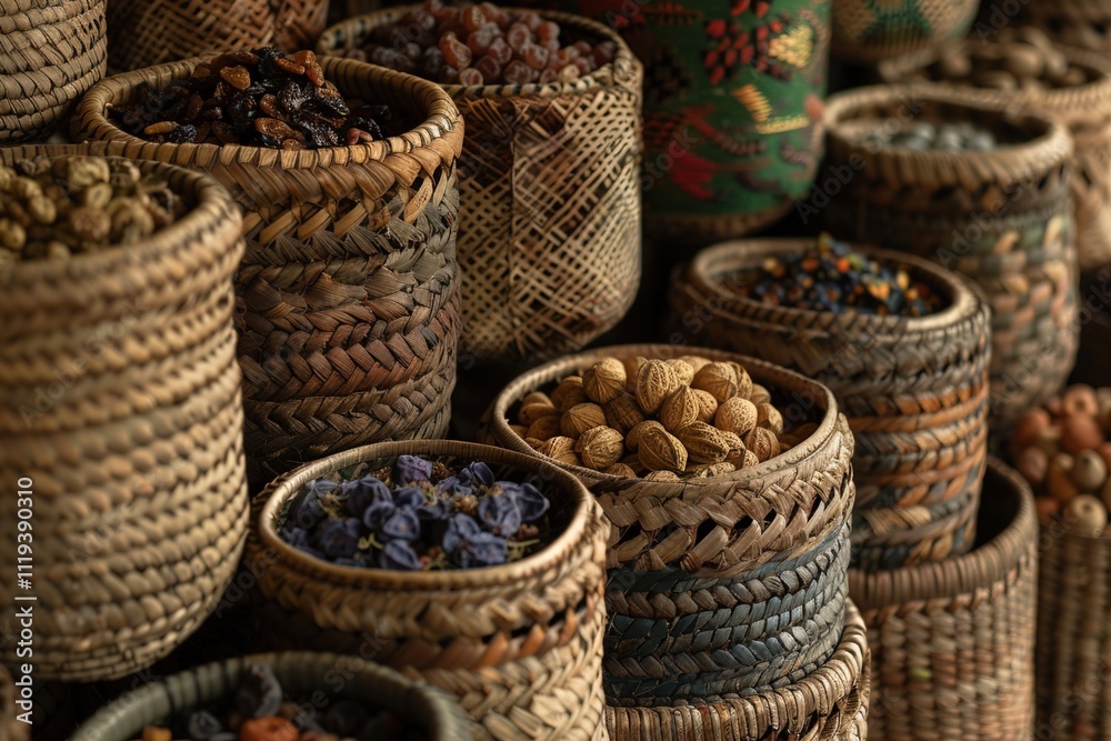 A close-up of intricately woven baskets filled with a variety of dried fruits and nuts, each displayed in detailed texture and vivid colors. A close-up of intricately woven baskets filled with a variety of dried fruits and nuts, each displayed in detailed texture and vivid colors.