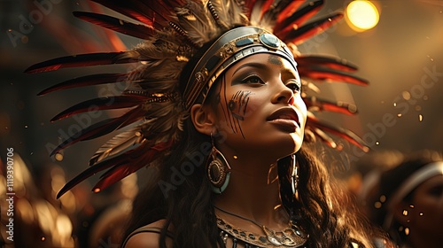 A Native American powwow with traditional dance and dress