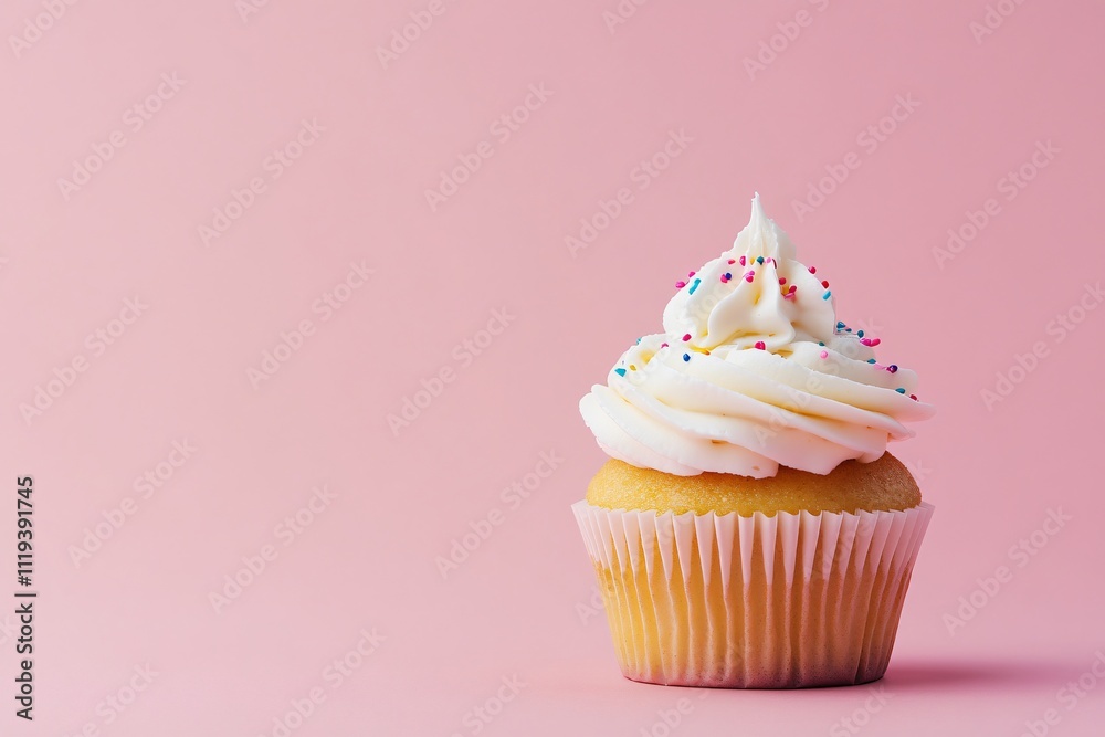 Delicious Vanilla Cupcake with Whipped Cream Frosting and Sprinkles Delicious Vanilla Cupcake with Whipped Cream Frosting and Sprinkles