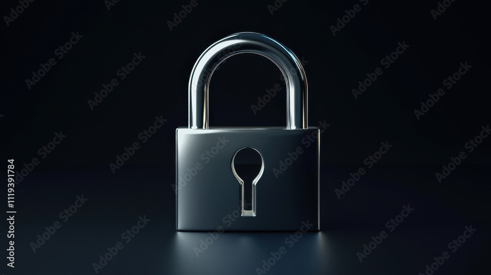 Fototapeta premium shiny metal padlock with keyhole stands prominently against dark background, symbolizing security and protection