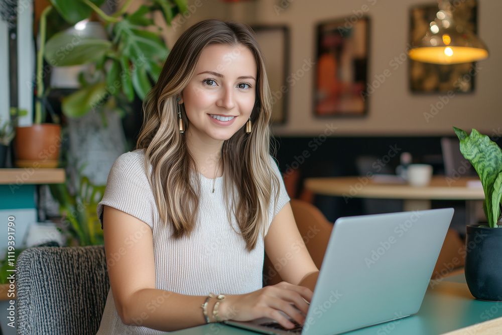 Smiling Young Professional Working on Laptop in a Stylish Workspace Smiling Young Professional Working on Laptop in a Stylish Workspace