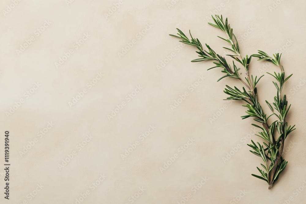 Fresh Green Rosemary Herb Sprig on Beige Background for Culinary Use Fresh Green Rosemary Herb Sprig on Beige Background for Culinary Use