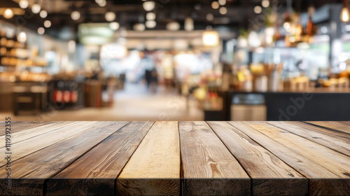 wooden table top in blurred cafe setting, perfect for product display. warm tones and textures create inviting atmosphere for showcasing items