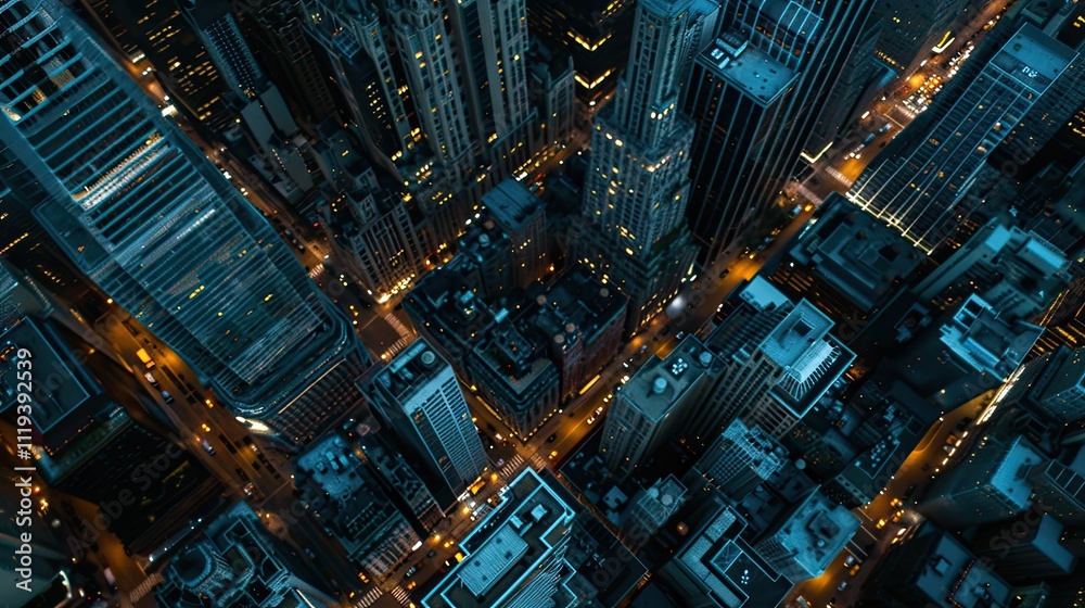 Aerial top view of downtown district buildings in night city light. Aerial top view of downtown district buildings in night city light.