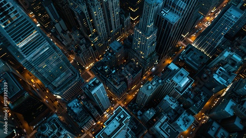 Aerial top view of downtown district buildings in night city light.