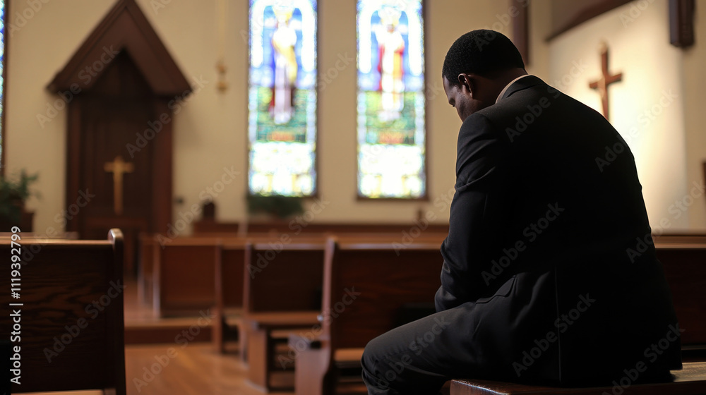 man in suit is praying at church kneeler, reflecting in serene environment. stained glass windows add spiritual ambiance to scene man in suit is praying at church kneeler, reflecting in serene environment. stained glass windows add spiritual ambiance to scene