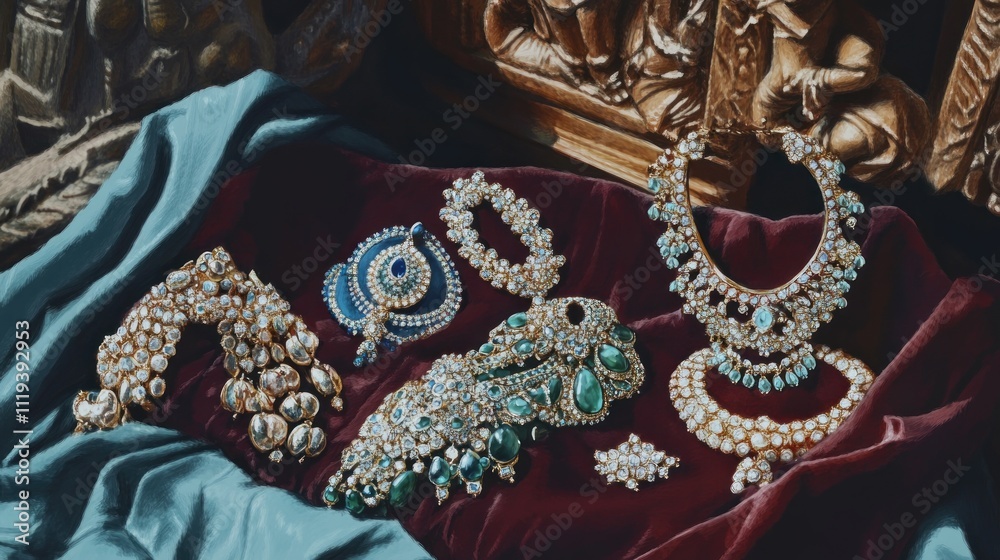 Obraz premium A collection of ornate jewelry displayed on a rich fabric background.