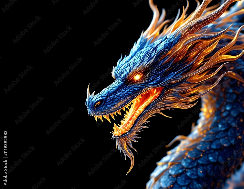 Majestic Blue Dragon with Fiery Mane: A Digital Art Masterpiece Majestic Blue Dragon with Fiery Mane: A Digital Art Masterpiece