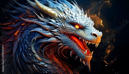 Majestic Silver Dragon Profile: A Breathtaking Digital Painting of a Mythical Creature with Fiery Background
