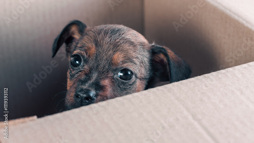 Tableau sur toile sad mongrel puppy foundling in a cardboard box