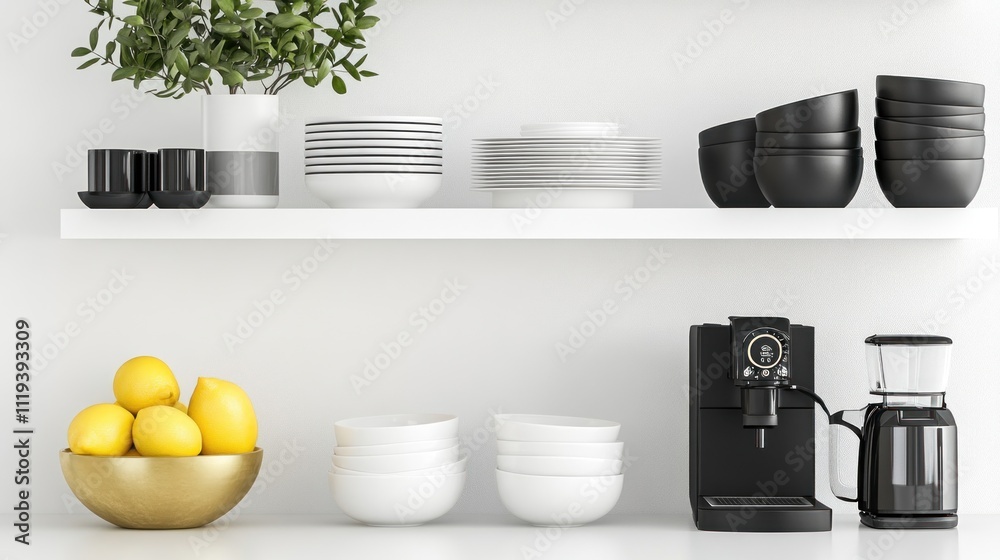 Modern kitchen shelf with tableware and coffee maker Modern kitchen shelf with tableware and coffee maker