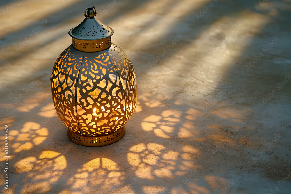 A decorative lantern casting intricate shadows on a surface. A decorative lantern casting intricate shadows on a surface.