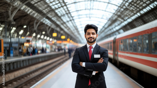 young indian ticket collector standing at railway station