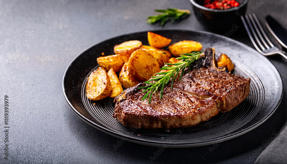 Grilled meat steak with potatoes and vegetables on a plate on the table with copy space to add text. BBQ steak. Roasted steak. Grilled steak. roasted potatoes. Grilled meat steak with potatoes and vegetables on a plate on the table with copy space to add text. BBQ steak. Roasted steak. Grilled steak. roasted potatoes.