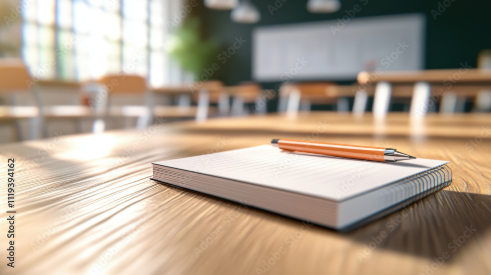 Fototapeta premium notebook and pen on wooden desk in classroom setting, with natural light illuminating space, creating warm and inviting atmosphere
