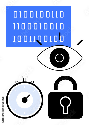 Binary code eye icon stopwatch and lock symbol. Ideal for security, privacy, data protection, cryptography, surveillance, internet safety, and digital monitoring. Line metaphor