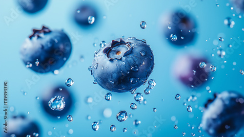 Several blueberrys fruits floating in the air, not too many with water droplets