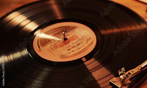 A vinyl record spinning on a vintage turntable in a dimly lit room with warm, amber side lighting. The camera captures a close-up, tracking the needle gliding smoothly across the grooves, as the recor