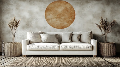 Minimalist living room interior with beige sofa, pampas grass, and large circular wall art.