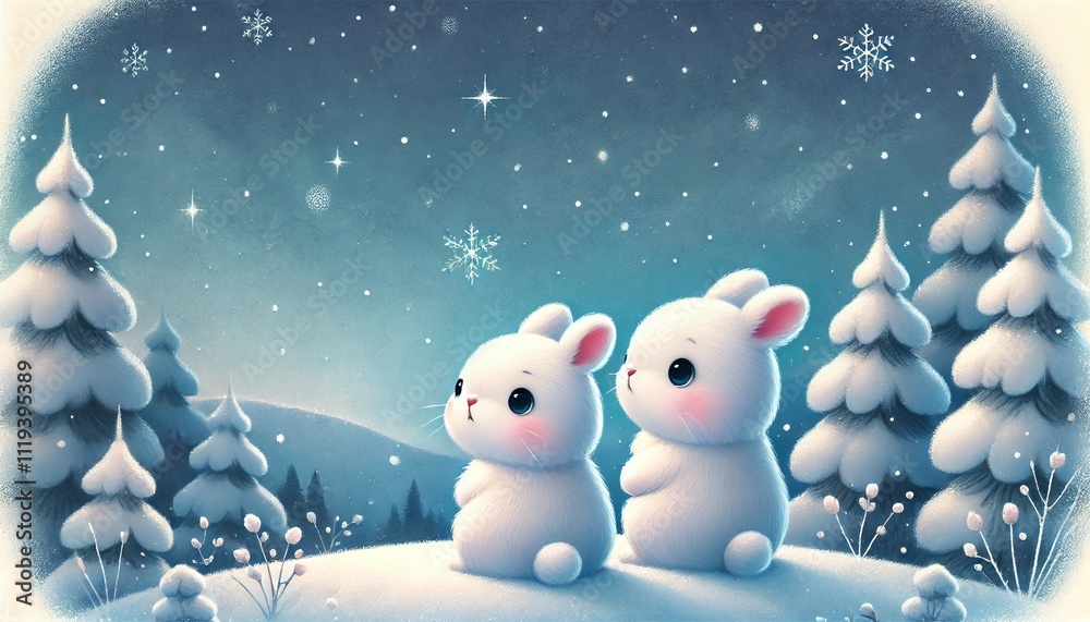 Obraz premium A Serene Winter Night Scene with Two Rabbits in a Snowy Landscape