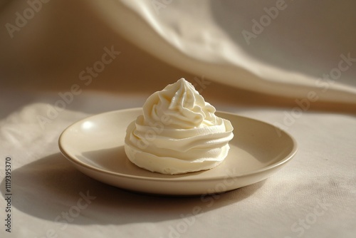 Creamy Meringue Dessert on Beige Plate with Soft Background Light