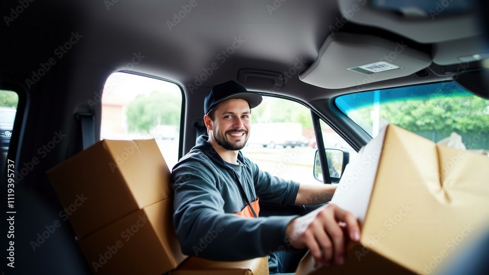 Smiling Delivery Man in Van with Boxes - Perfect for Logistics, Delivery Services, and Transportation Ads Smiling Delivery Man in Van with Boxes - Perfect for Logistics, Delivery Services, and Transportation Ads