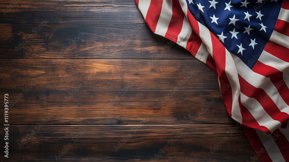 Obraz premium Banner with Copy Space and American Flag Elements, on dark wooden background. 4th July, USA Independence Day background concept