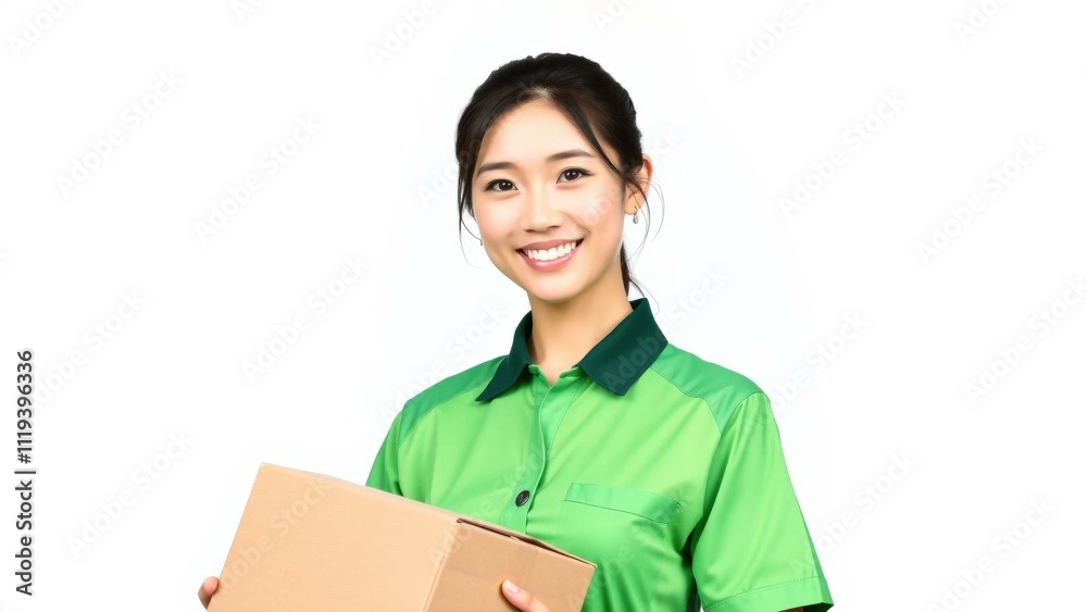 Smiling Delivery Woman Holding Box - Ideal for Logistics, Delivery Services, and Customer Satisfaction Smiling Delivery Woman Holding Box - Ideal for Logistics, Delivery Services, and Customer Satisfaction
